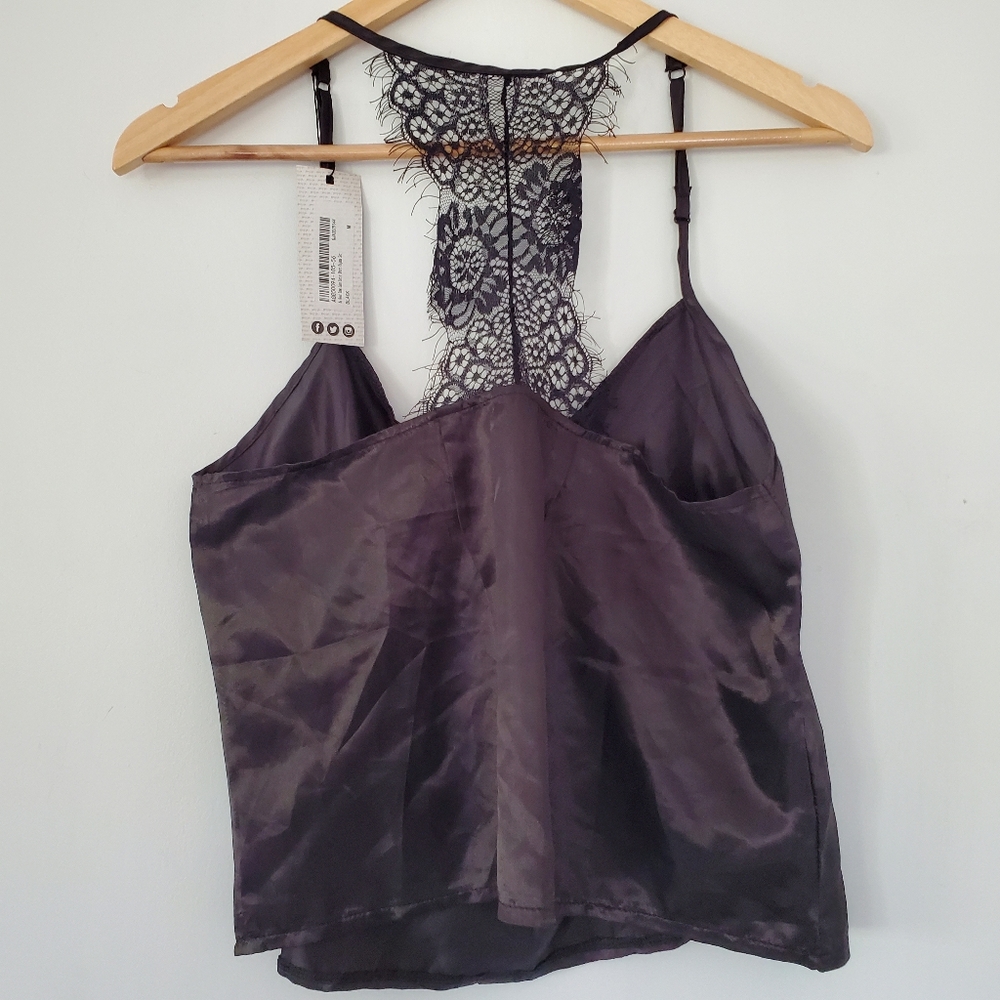 NWT NASTY GAL Sz M Black Silky Cami Top Spaghetti Straps Eyelash Lace T-Back Y2K - Picture 11 of 16